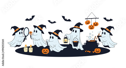Playful group of cartoon ghosts wearing witch hats celebrates Halloween with pumpkins, bats, candles, and a magic cauldron.