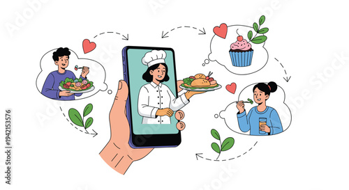 Professional chef provides a virtual cooking lesson on a smartphone screen showing delicious meals to hungry remote viewers.
