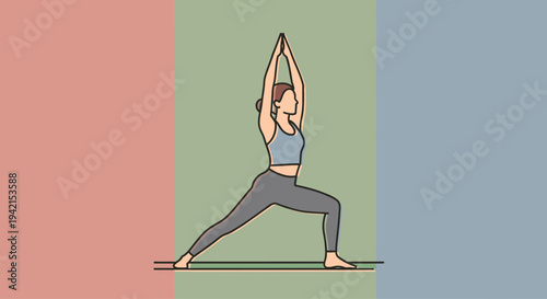 Young woman practicing yoga in warrior pose for strength and balance.