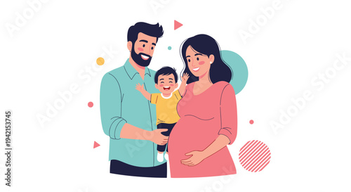 Joyful family with a bearded father and a pregnant mother holds their young child while smiling together against a white background.