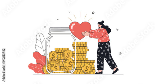 Generous woman makes a charitable donation by placing a large heart into a glass jar filled with many golden dollar coins.