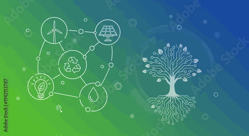 Vector eco friendly icons and tree illustration for sustainability