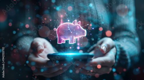 Conceptual digital savings image with hands holding smartphone with glowing holographic piggy bank above the screen. AI generated