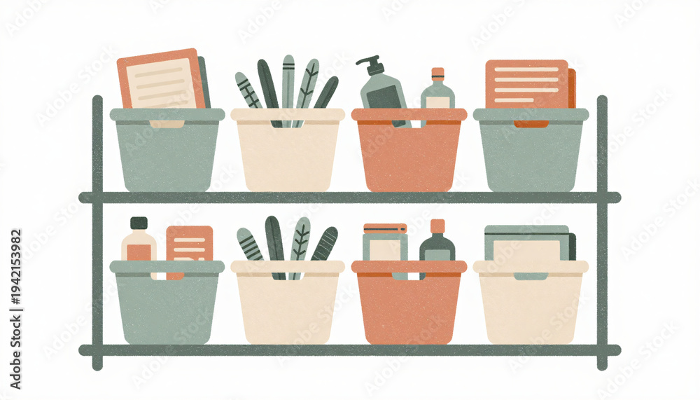 Fototapeta premium Organized shelf with plastic storage bins containing household items