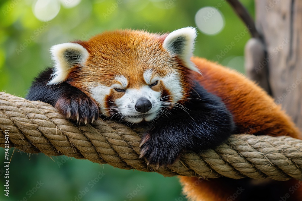 Obraz premium Red panda resting with closed eyes on a textured rope, showcasing its red fur and white facial markings in a peaceful outdoor setting