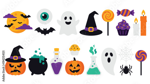 Halloween icons collection with ghost pumpkin witch hat and candies for celebration