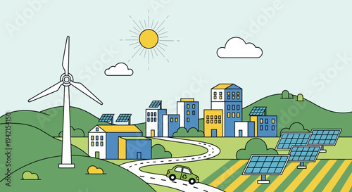 Vector illustration of eco-friendly city with renewable energy sources