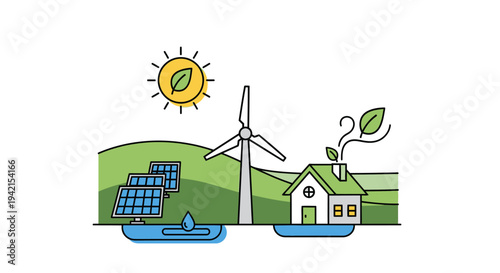 Vector illustration of eco-friendly house with solar panel and wind turbine