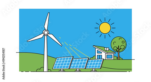 Renewable energy vector illustration, solar panels and wind turbine