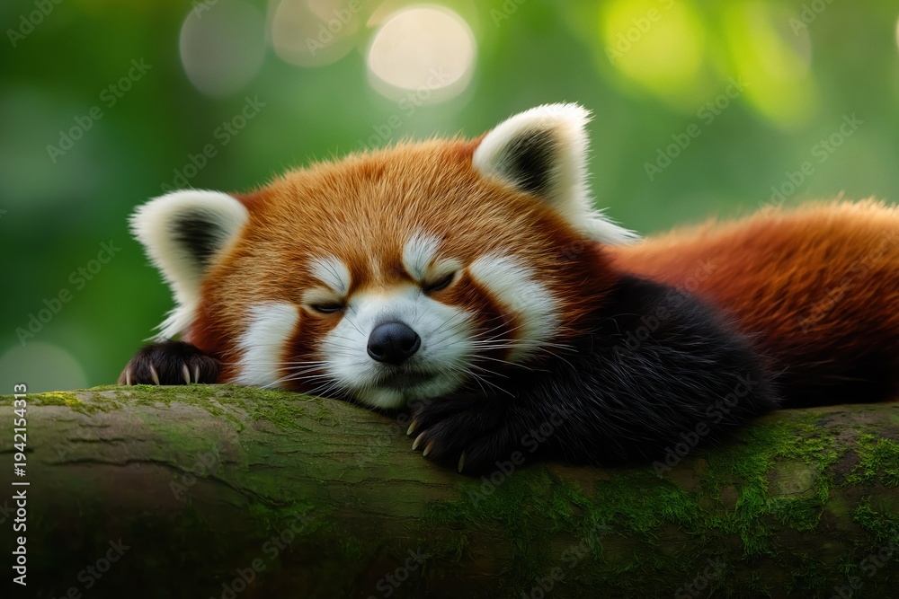 Fototapeta premium Red panda resting in nature, its eyes closed, conveying tranquility and wildlife beauty. Cute animal finding comfort