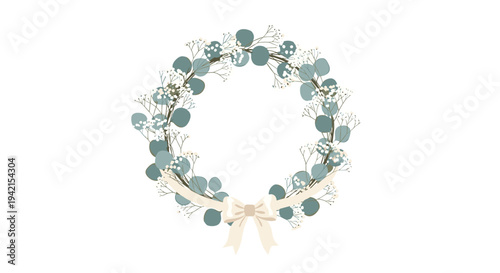 An elegant circular wreath made of blue-green eucalyptus leaves and small white baby's breath flowers is tied with a beige ribbon.