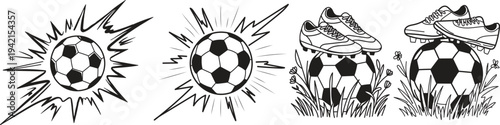 Dynamic soccer ball illustrations with cleats on grass for sports design