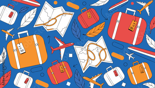 Playful Travel Pattern, Colorful Suitcases Airplanes Maps Seamless Design.