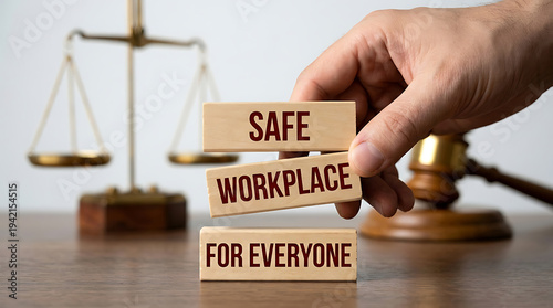 Hand building safe workplace blocks with justice scale background