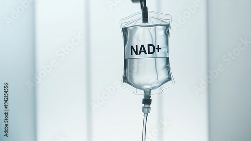closeup of an intravenous drip bag with nad label on a light blue background