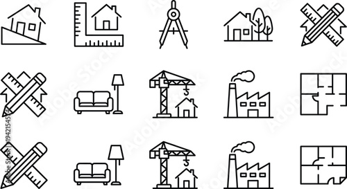 Architecture and construction line icon set with house design, blueprint plan, crane, factory building and drafting tools vector illustration