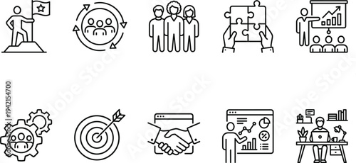 Business leadership and teamwork line icon set with goal target, puzzle collaboration, handshake partnership, strategy presentation and team management symbols vector illustration