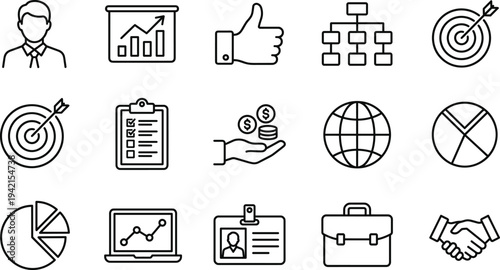 Business management and analytics line icon set with growth chart, target goal, organization structure, investment, briefcase and partnership symbols vector illustration