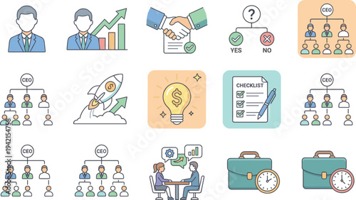 Business management and leadership icon set with CEO hierarchy, handshake agreement, checklist approval, growth chart and teamwork collaboration symbols vector illustration