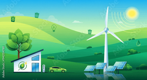 Vector illustration of renewable energy sources and eco-friendly home