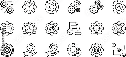 SEO Title (15–25 words):
Business process management and workflow automation line icon set with gears, teamwork, strategy, approval, innovation and system optimization symbols vector illustration