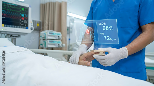 Medical professional checking patient's vital signs with pulse oximeter in modern hospital