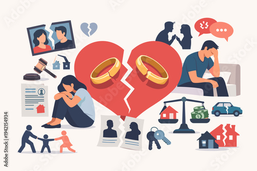 Divorce and marriage problems vector concept with broken heart, rings, sad couple, legal gavel, scales of justice, property division, child custody battle, and torn family photos illustration.
