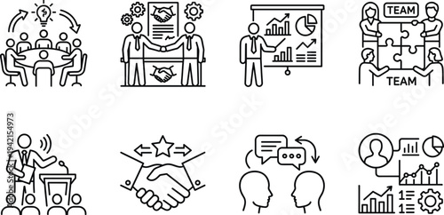 Business teamwork and collaboration line icon set with meeting discussion, strategy presentation, partnership handshake, communication and data analytics symbols vector illustration