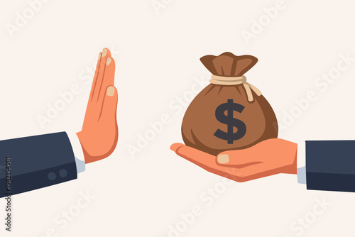 Businessman Hand Making Stop Gesture to Refuse a Bag of Money with Dollar Sign, Concept of Anti-Corruption, Integrity, Honesty, and Business Ethics, Flat Vector Illustration of Rejecting Bribe.
