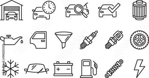 Car maintenance and auto repair line icon set with garage, engine check, oil change, battery, spark plug and vehicle service symbols vector illustration