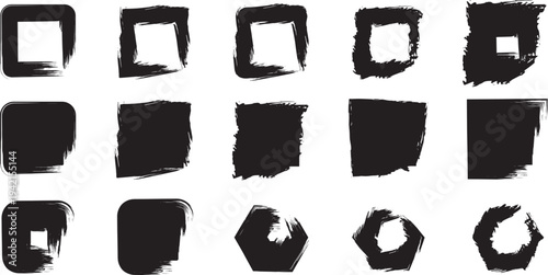Set of 16 black brush stroke square and circle shapes vector