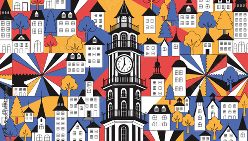 Colorful Whimsical Townscape Illustration,  Vibrant Cityscape Art Pattern.