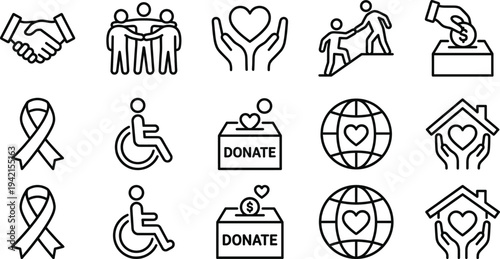 Charity donation and community support line icon set with helping hands, disability awareness, donation box and humanitarian aid symbols vector illustration