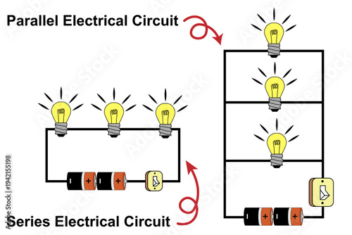 Parallel and Series Electrical Circuit Diagram With Light Bulbs and Batteries for Education