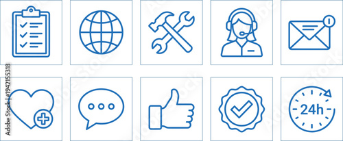 Customer service and support blue icon set with checklist, global service, repair tools, helpdesk operator, email notification and 24 hour assistance symbols