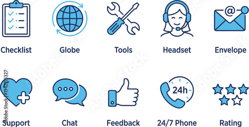 Customer support and service icon set with checklist, globe connection, repair tools, headset operator, chat feedback and 24 hour phone assistance