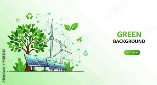 Eco friendly green background with solar panel and wind turbine vector
