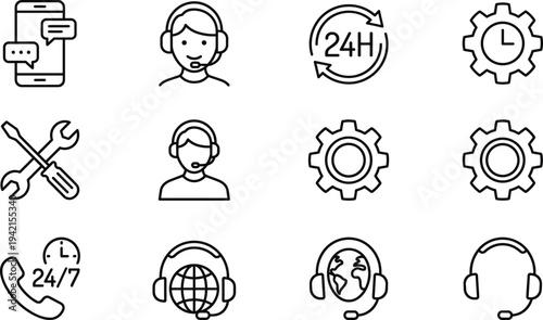 Customer support and technical service line icon set with headset operator, 24 hour assistance, phone helpdesk, repair tools and service management symbols