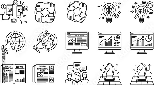 Digital marketing and social media strategy line icon set with analytics dashboard, teamwork, online promotion, global communication and business growth symbols