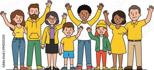 Diverse happy people group waving hands together vector illustration showing multicultural family, community unity, teamwork, friendship and inclusive society concept