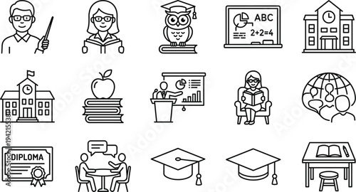 Education and academic learning line icon set with teacher, classroom, diploma certificate, graduation cap, school building and study symbols vector illustration
