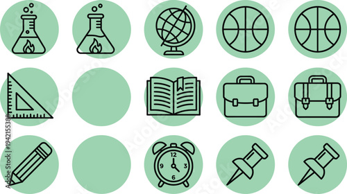 Education and school flat icon set with chemistry flask, globe, basketball, book, briefcase, pencil, alarm clock and stationery symbols vector illustration