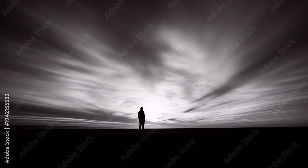 Fototapeta premium Solitude Concept with a Lone Person Standing Against a Dramatic Blurred Sky and Dark Horizon