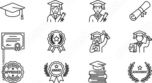 Graduation and academic achievement line icon set with diploma certificate, graduate student, award badge, books stack and education success symbols vector illustration
