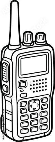 Handheld walkie talkie radio communication device line vector illustration with portable transceiver, antenna and keypad for security and emergency communication