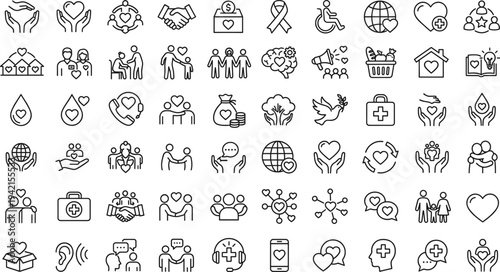 Healthcare and charity line icon set with heart care, donation, disability support, medical aid, community help and humanitarian assistance vector illustration