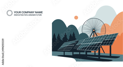 Vector illustration of solar panels and wind turbine in landscape