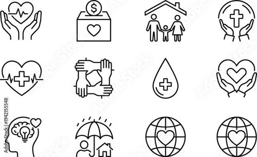 Healthcare charity and social care line icon set with donation box, family protection, medical heart, blood drop and global support symbols vector illustration