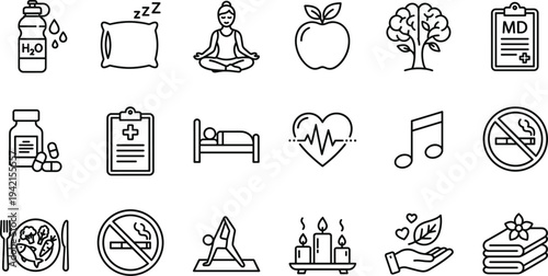 Healthy lifestyle and wellness line icon set with meditation, nutrition, sleep, hydration, heart health and mindfulness symbols vector illustration