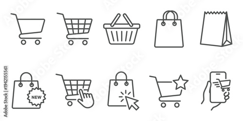 A collection of black and white line drawings depicting various shopping icons.